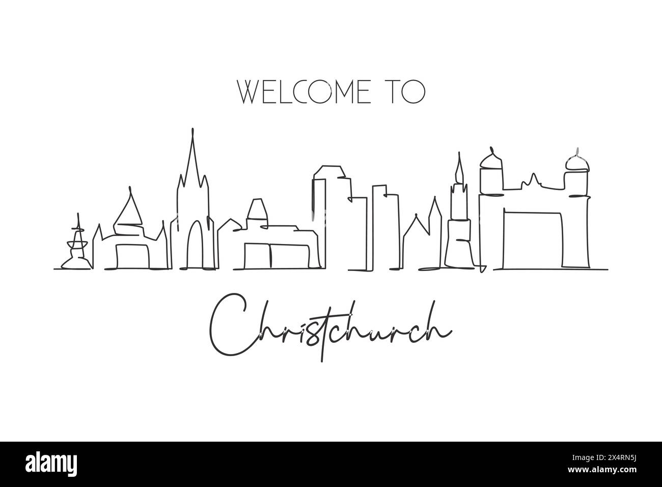 Einzelne durchgehende Linie, die die Skyline von Christchurch in Neuseeland zeichnet. Berühmte Stadt-Kratzer-Landschaft. World Travel Home Wanddekor Kunstdruck Konzept Stock Vektor