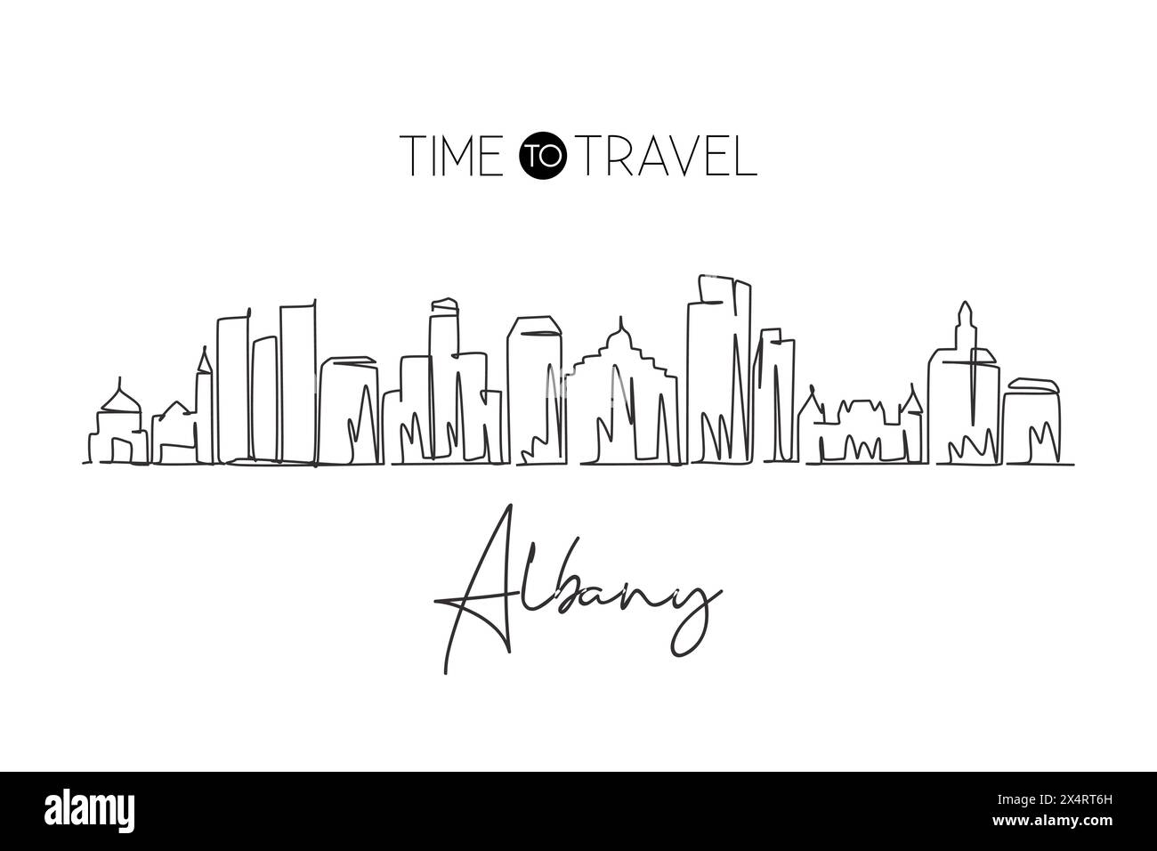 Durchgehende Linie mit der Skyline von Albany, Illinois. Wunderschönes Wahrzeichen. Welt Landschaft Tourismus Reise Wand Dekor Poster Druck Kunst. Stilvolle Sünde Stock Vektor