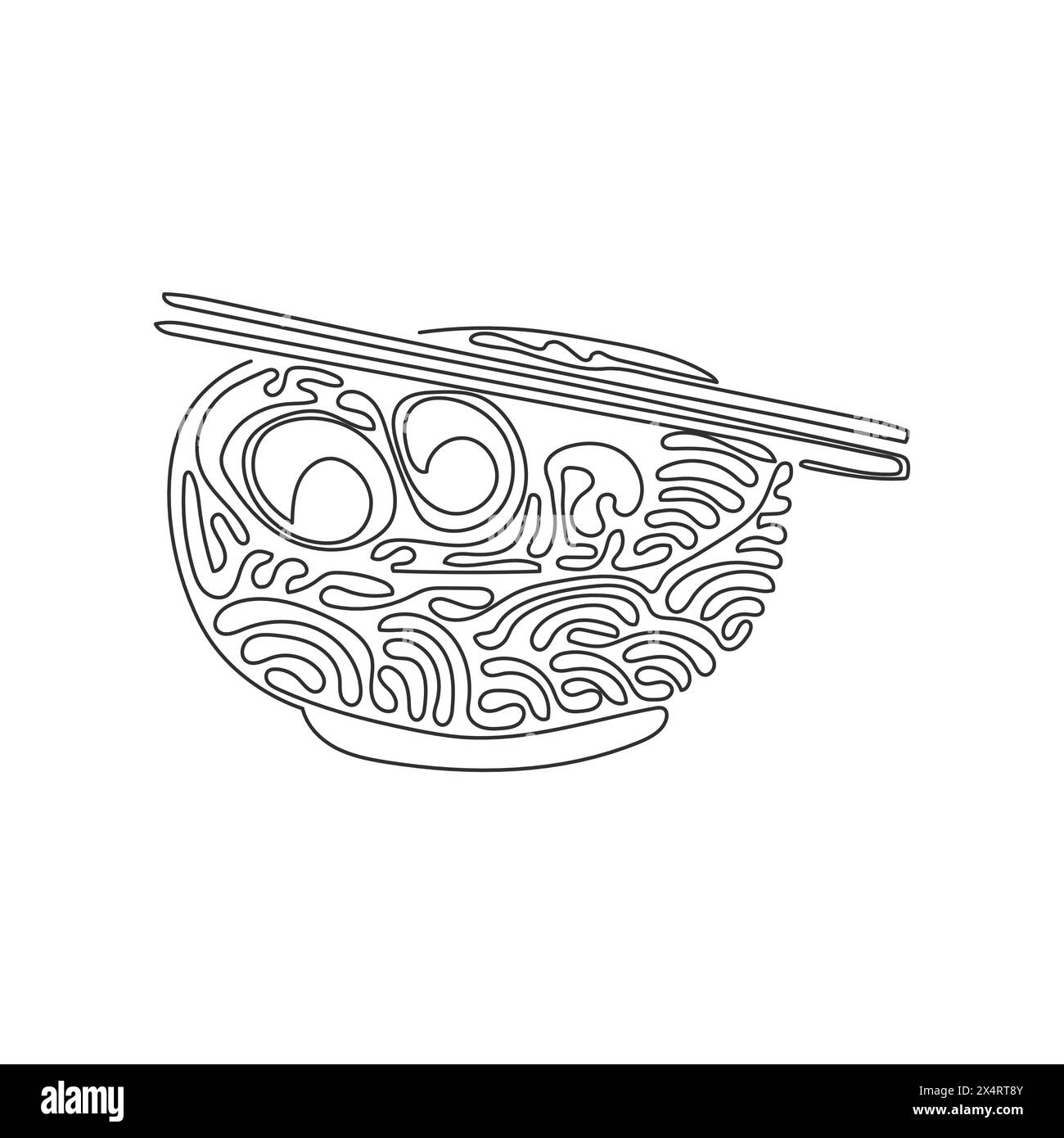 Eine durchgehende Linie mit japanischen Ramen-Nudeln mit verschiedenen Belägen in der Schüssel. Traditionelle asiatische Nudelsuppe. Wirbelnde Lockenform. Dynamisches Modell Stock Vektor
