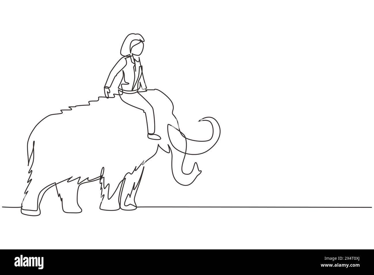 Eine durchgehende, einzeilige Geschäftsfrau, die auf einem riesigen, gefährlichen Mammut reitet. Weibliche Unternehmerin. Erfolgreiche Geschäftsfrau. Einfach Stock Vektor
