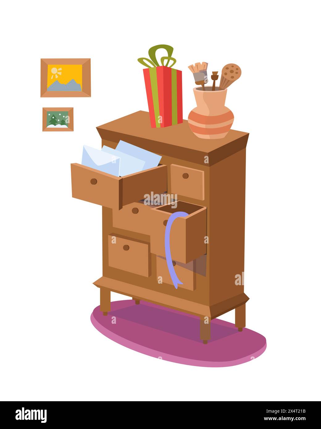 Brauner Holzschrank mit Schubladen. Vektor-Zeichentrick-Illustration. Weihnachtszimmermöbel im Vintage-Stil. Isolierte Objekte, Objekte auf weiß Stock Vektor