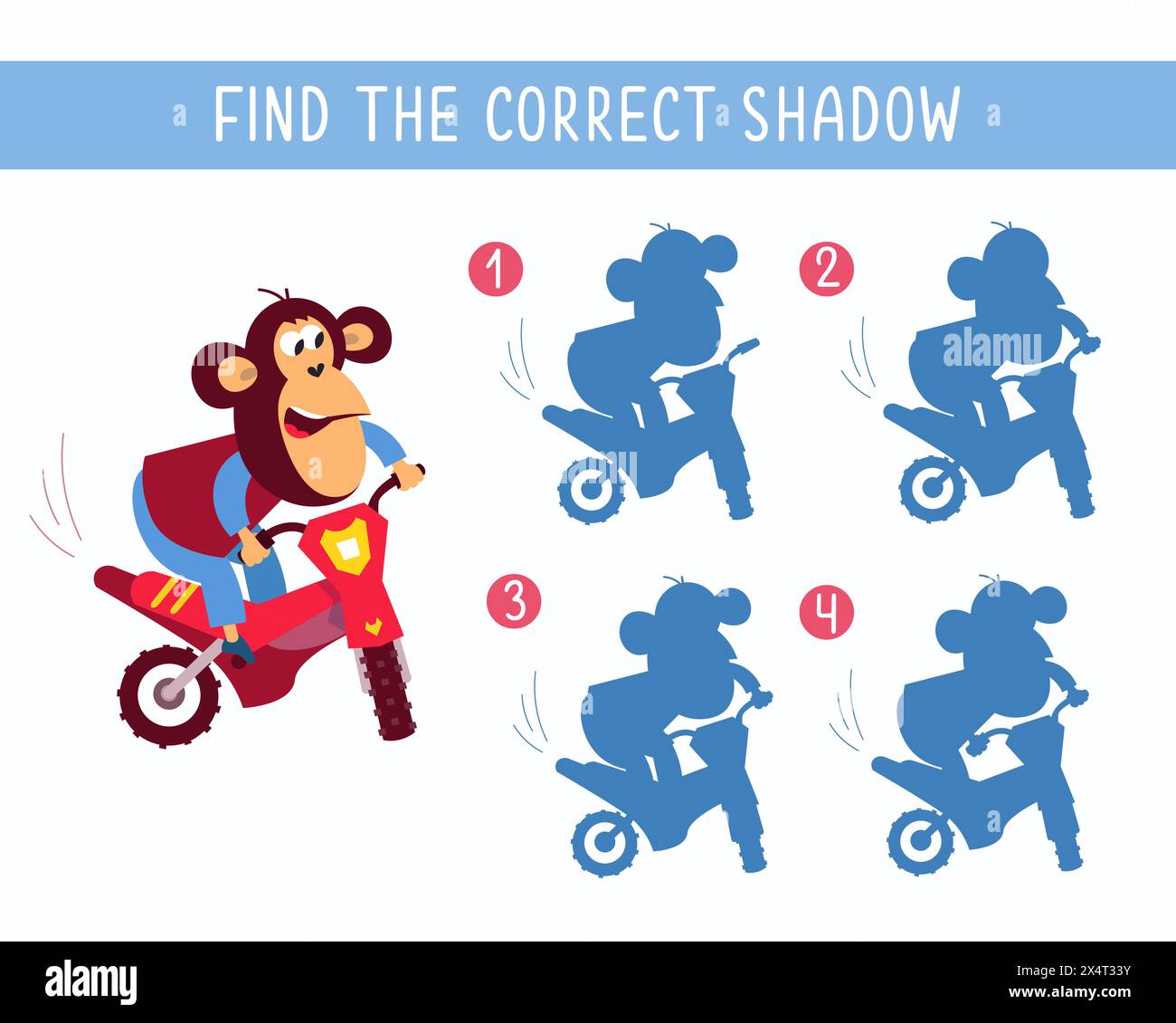 Finden Sie den richtigen Schatten. Puzzlespiel für Kinder. Niedlicher Affe auf Motorrad auf weißem Hintergrund. Transport und Tiere. Vektorabbildung. Stock Vektor