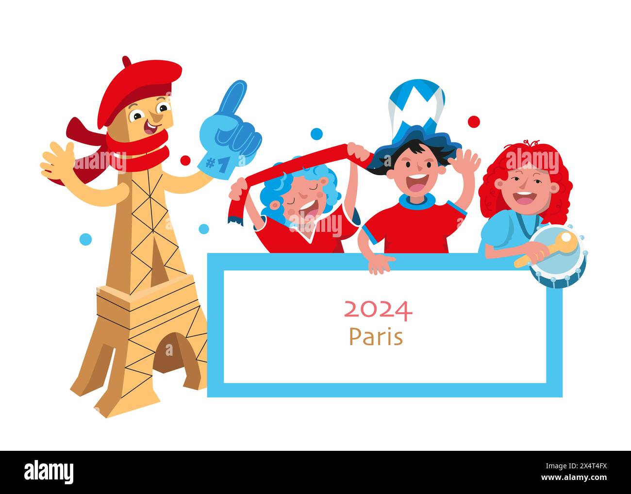 Banner mit Fans, Textrahmen. Sportwettbewerbe und Olympische Spiele 2024. Eiffelturm. Lustige Zeichentrickfigur mit Baskenmütze und Fanhandschuh. Vektor Stock Vektor