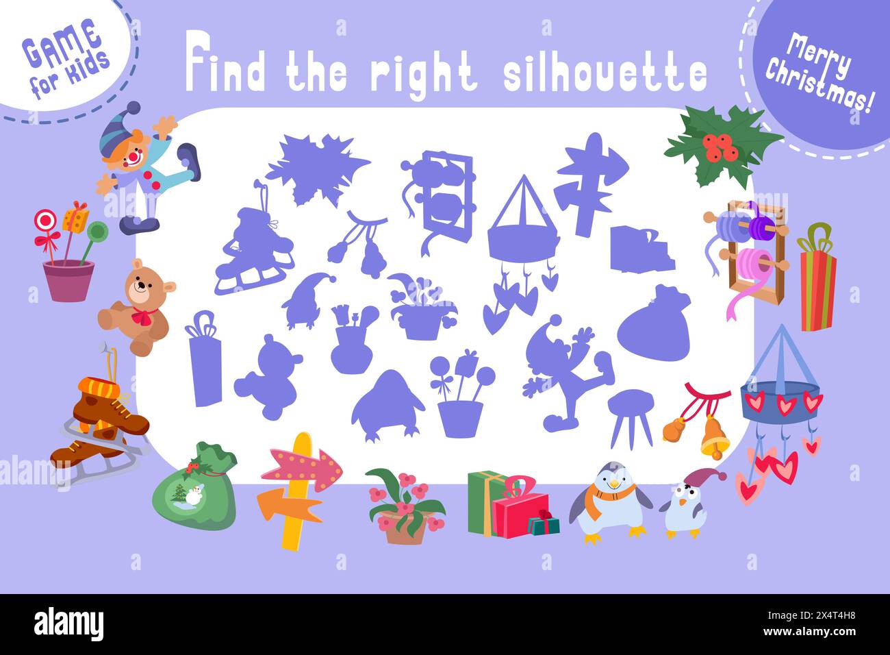 Finde die richtige Silhouette, Schatten. Puzzlespiel für Kinder. Große Auswahl an Weihnachtsartikeln. Niedliche Zeichentrickfigur und Objekte. Abbildung der Vektorfarbe. Stock Vektor