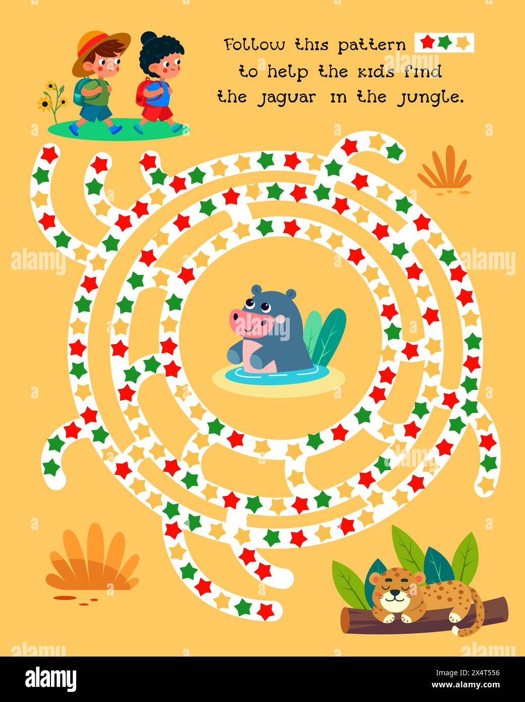 Labyrinth für Kinder. Aktivität und Ausbildung. Puzzlespiel für Kinder. Niedliche Zeichentrickfiguren. Folgen Sie dem Muster, um den Kindern zu helfen, den jaguar im zu finden Stock Vektor
