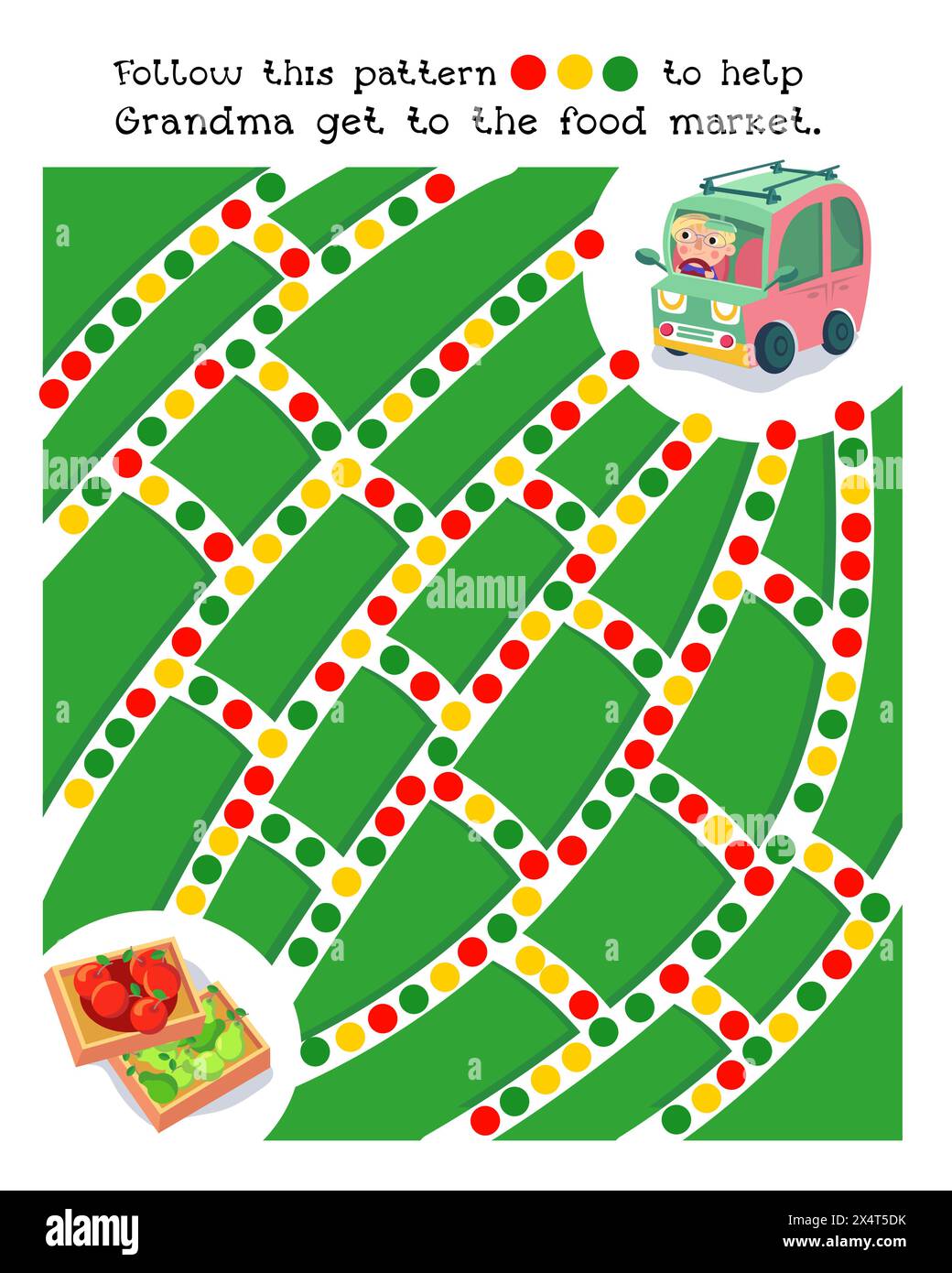 Labyrinth-Spiel, Aktivität für Kinder. Puzzle für Kinder. Folgen Sie dem Muster, zeichnen Sie Linien. Hilf Oma, auf den Lebensmittelmarkt zu kommen. Vektorabbildung. Stock Vektor