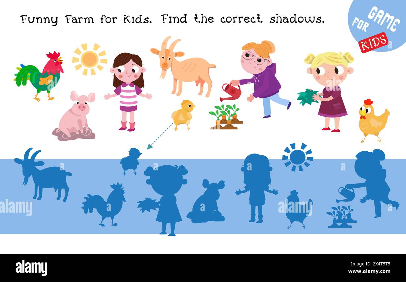Suchen Sie Schatten. Lehrreiches Puzzlespiel für Kinder. Lustige Zeichentrickfiguren. Niedliche Zeichentrickserie mit Tieren und Menschen auf der Farm. Vektorabbildung. Stock Vektor