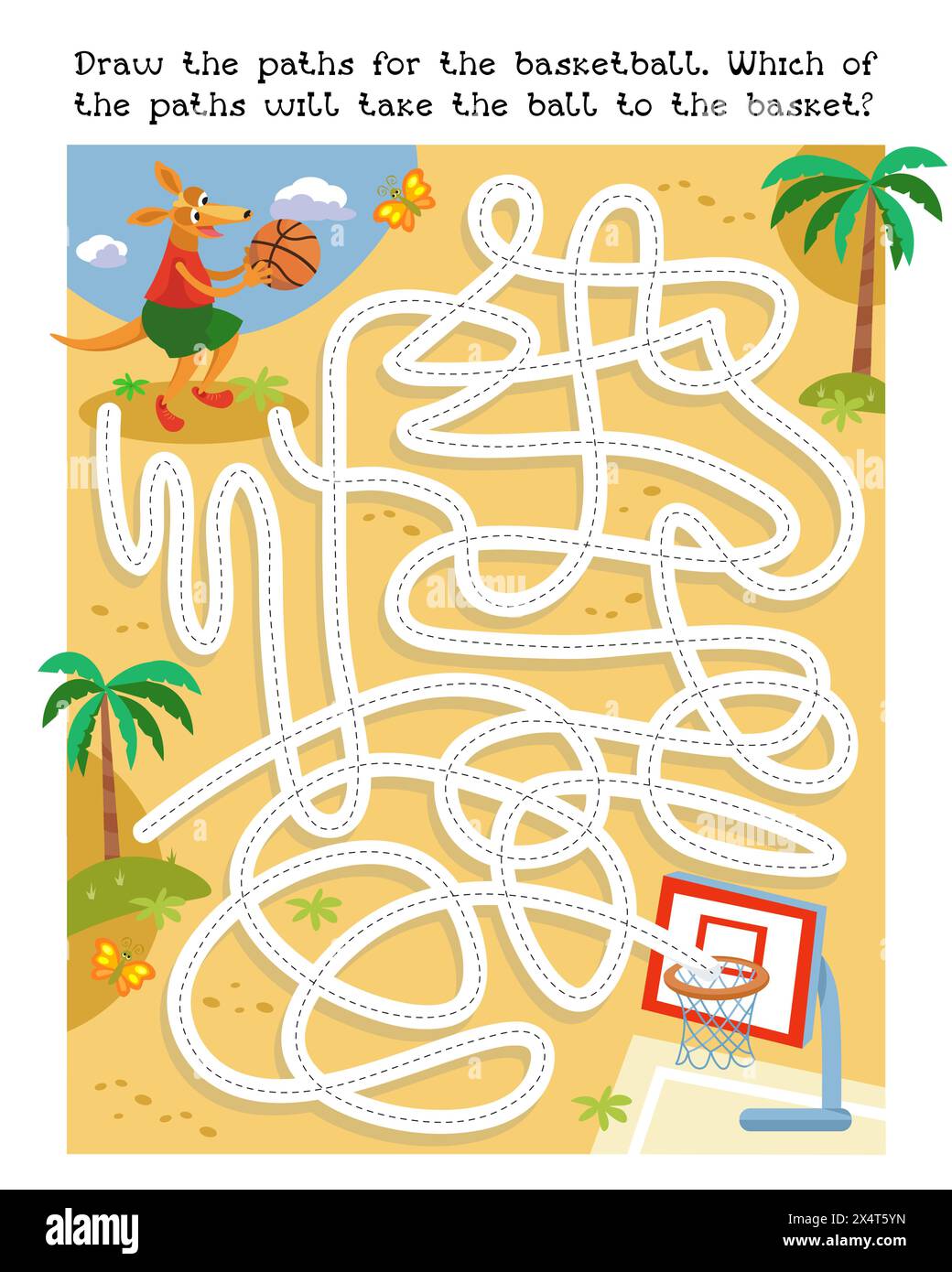 Labyrinth-Spiel, Aktivität für Kinder. Zeichne Wege für den Ball. Welchen Weg wird der Ball nehmen, um zum Korb zu gelangen? Vektorabbildung. Süßes Känguru Stock Vektor