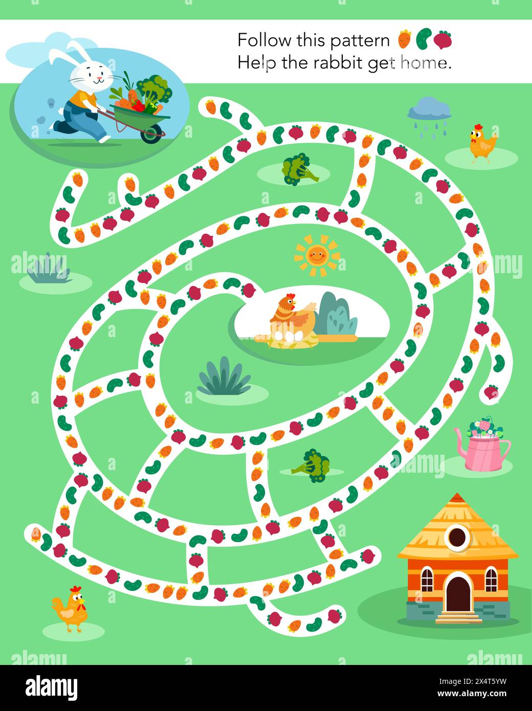 Aktivität und Bildung. Labyrinth-Puzzle-Spiel für Kinder. Hilf Kaninchen, nach Hause zu kommen. Niedlicher flacher Karikaturhase mit Gemüse im Garten. Bauernhof und Essen. Vektor Stock Vektor
