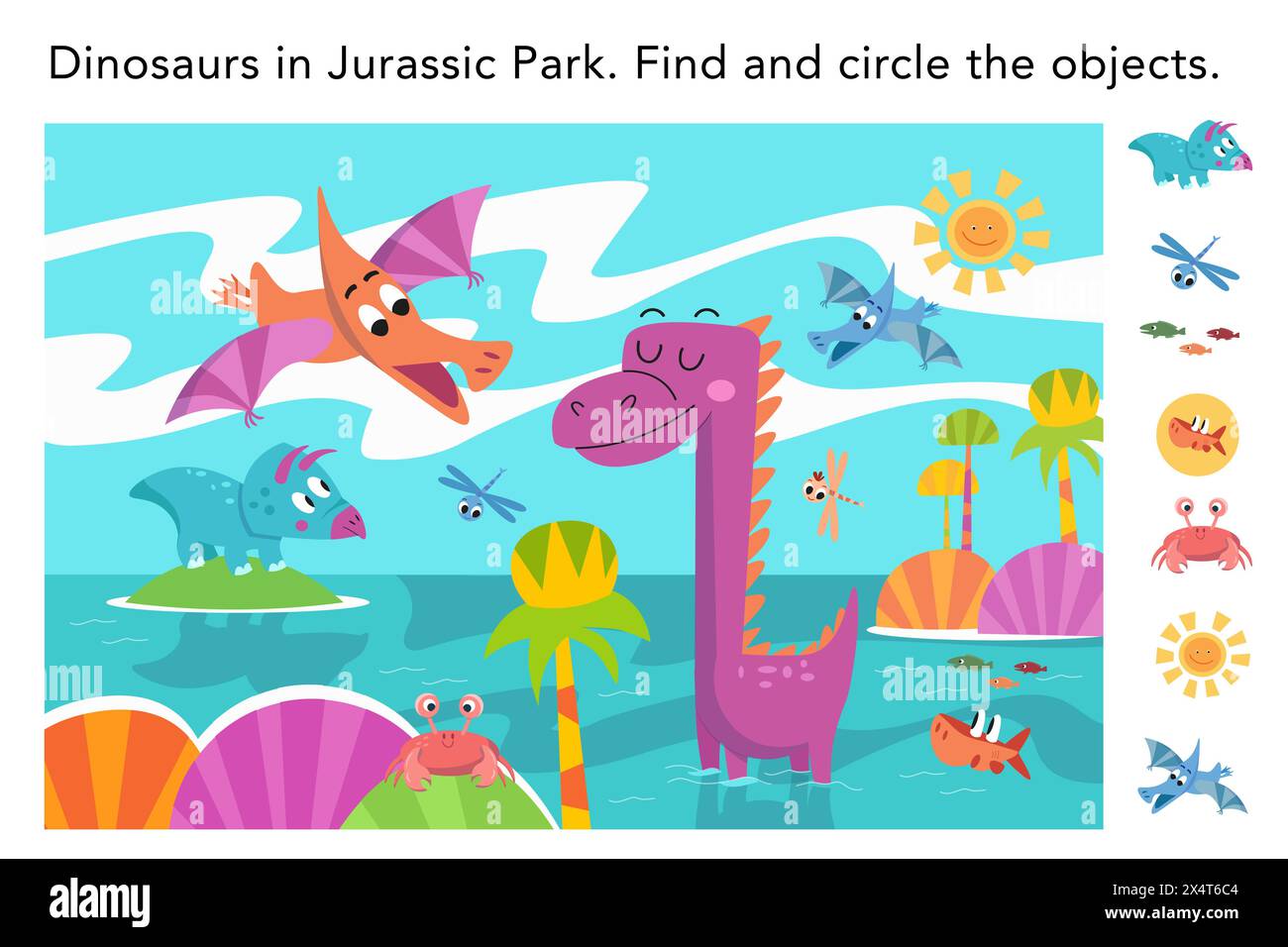 Suchen Sie ausgeblendete Objekte im Bild. Lehrreiches Puzzlespiel für Kinder. Niedliche flache, einfache Dinosaurier im Jurassic Park. Illustration der Vektorfarbe. Cartoon Stock Vektor