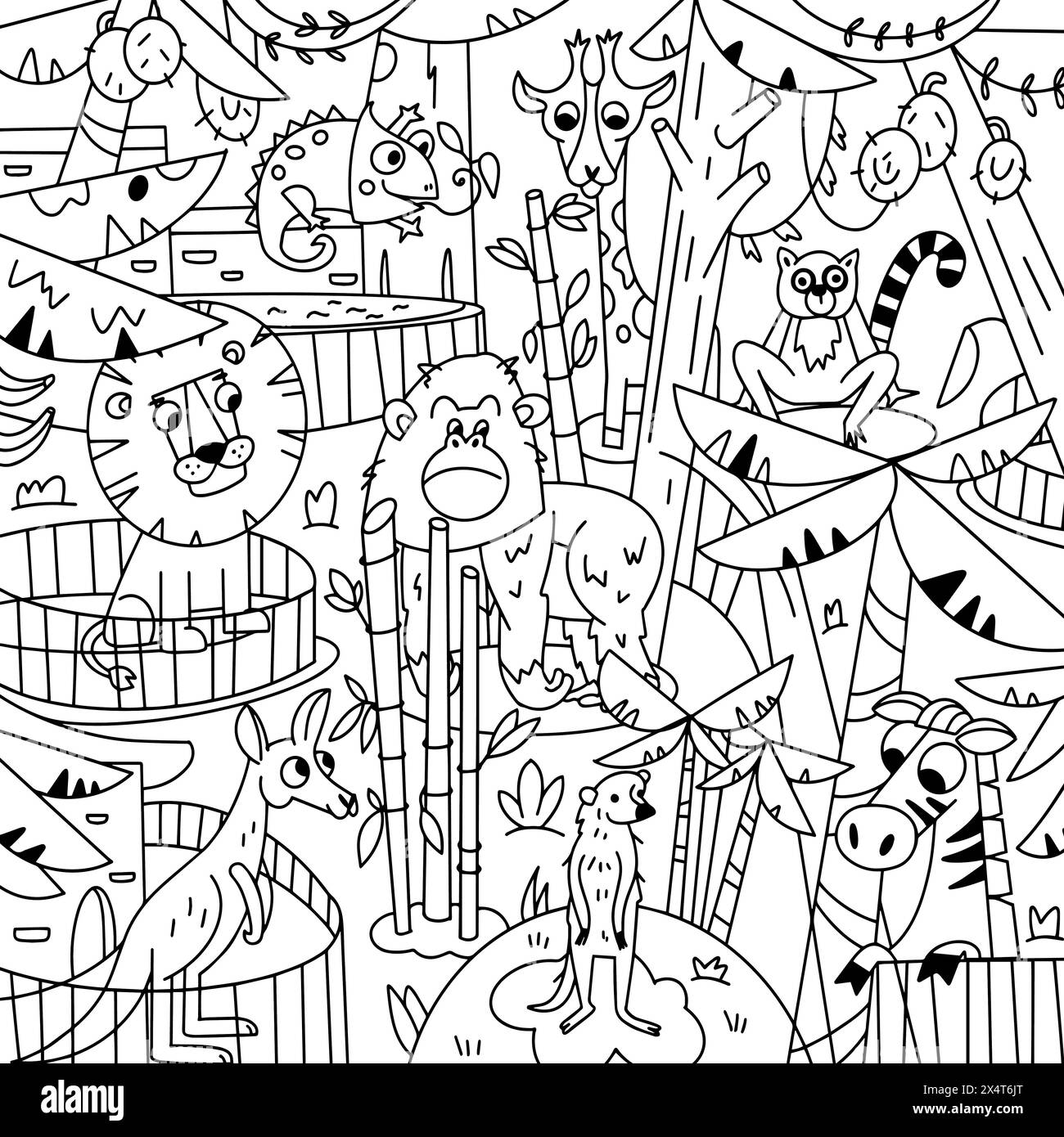 Färbung der Kinder. Lustige Zeichentricktiere. Vektorabbildung. Zoo-Charaktere. Schwarze Umrisse für Kinderdesign, Poster, Buch, Arbeitsblätter. Stock Vektor