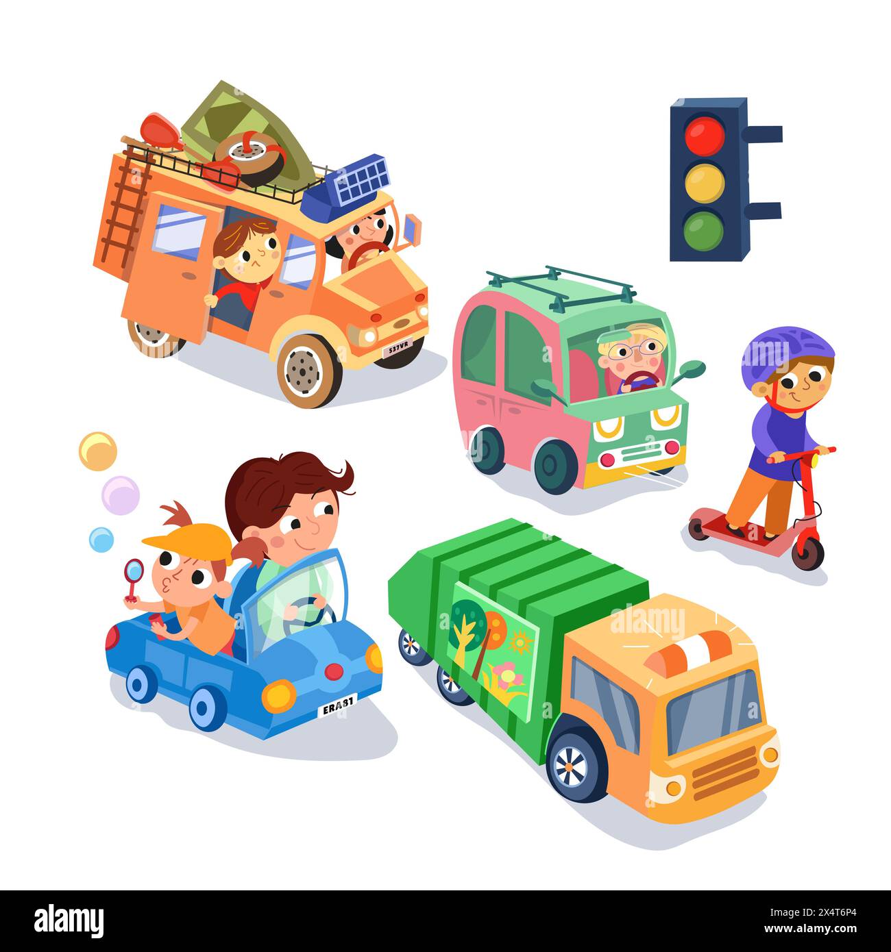 Niedliche Autos und Fahrer in der Stadt. Set lustiger Cartoon-Charaktere für Design. Menschen und Transport, Stau in der Stadt. Vektorillustration für Kinder Stock Vektor