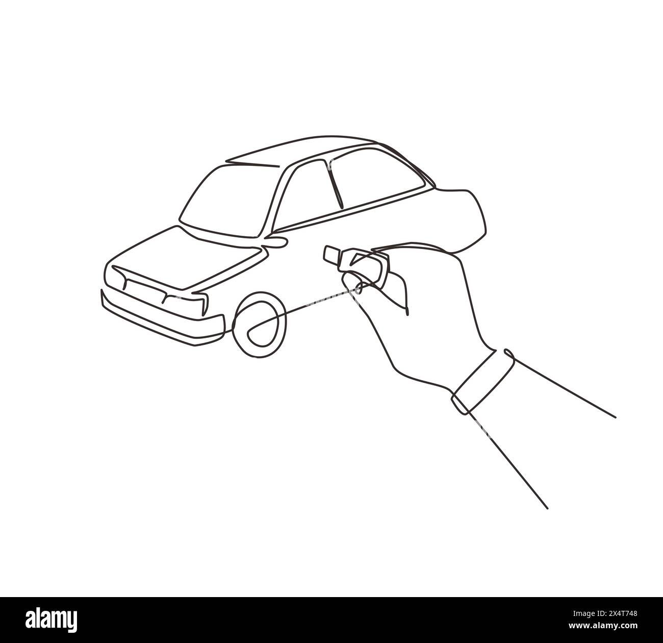 Einzelne durchgehende Linienzeichnung mit der Hand, die den Schlüssel in das Loch an der Fahrzeugtür dreht. Man benutzt den Schlüssel, um das neue Fahrzeug zu öffnen. Autovermietung. Dynamisches Modell Stock Vektor