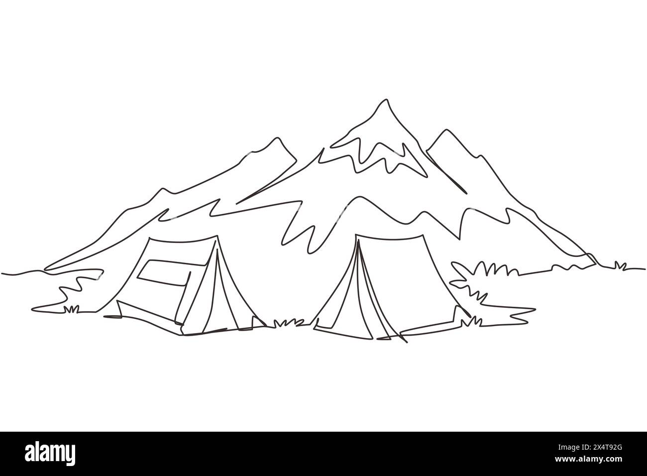 Durchgehende eine Linie, die zwei Zelte in der abenteuerlichen Camping-Nachtlandschaft zieht. Zeltcamper Touristenwald Bergexpedition. Reise- und Urlaubsdomizil Stock Vektor