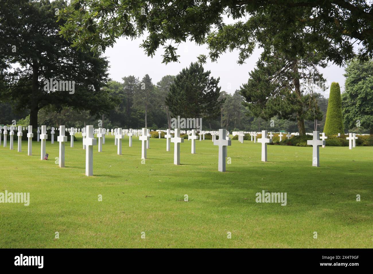 Linien von weißen Marmorkreuzen auf grünem Gras auf dem Kriegsfriedhof. Umliegende Wälder und keine sichtbaren Menschen. Stockfoto