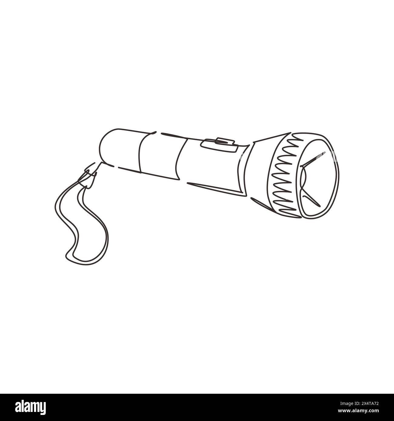 Taschenlampe für eine einzelne einzeilige Zeichnung. Lichtquelle für den individuellen Gebrauch. Lichtstrom, Strahlfokussierung. Beleuchtete Objekte im Dunkeln. Elektrische Lampe b Stock Vektor