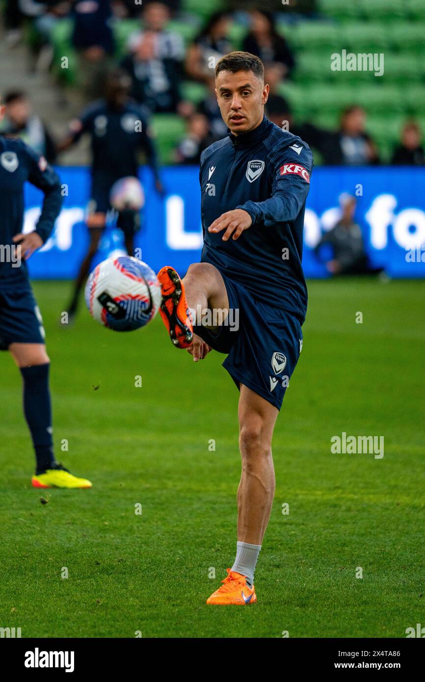 Melbourne, Australien. 5. Mai 2024. Melbourne Victory gegen Melbourne City - 2024 Isuzu UTE A-League Männer Finals Series - Elimination Final 1 - AAMI Park. Melbourne Victory Stürmer Chris Ikonomidis (#7) während des Trainings vor dem A-League Men’s Elimination Finale 1 2024 zwischen Melbourne Victory FC und Melbourne City FC. Foto: James Forrester/Alamy Live News Stockfoto