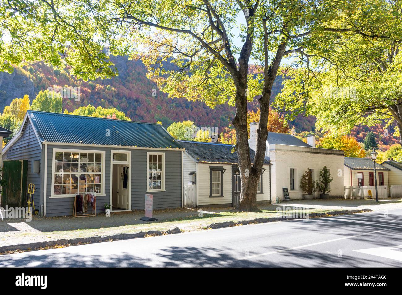 Kolonialhäuser in Herbstfarben, Buckingham Street, Arrowtown, Otago, South Island, Neuseeland Stockfoto