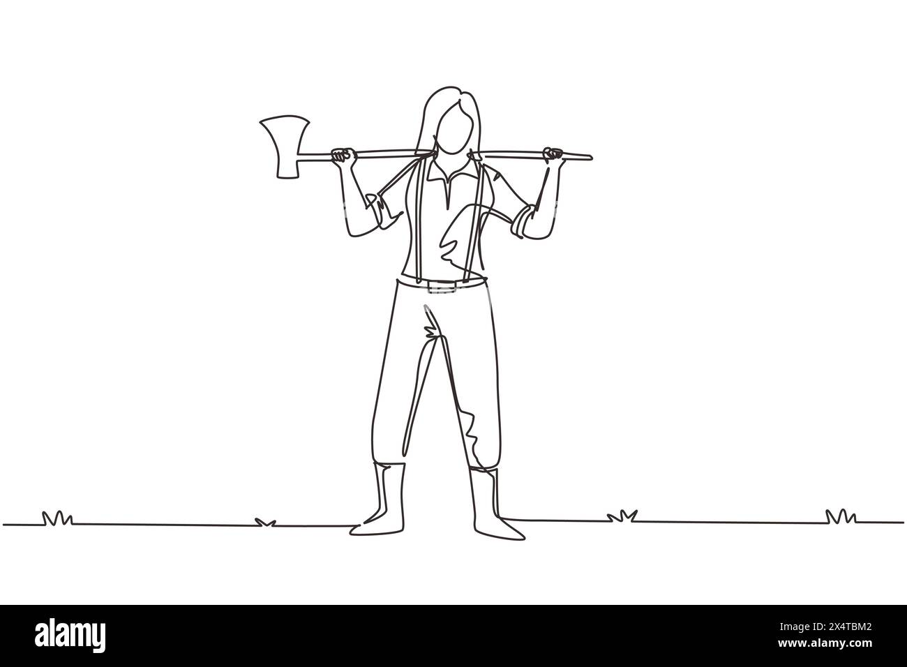 Einzelne durchgehende Linie Zeichnung hübsche Frau Holzfäller in kariertem Hemd, Jeans mit Gürtel, Lederstiefel, die auf ihrer Schulter eine Axt mit langem Holz ha halten Stock Vektor