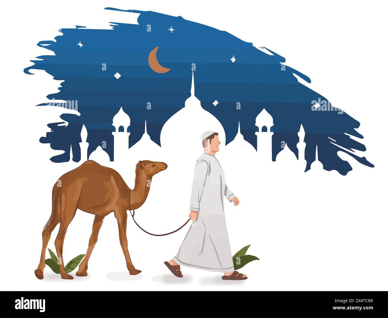 EID al-Azha oder Eid ul Kabir Symbol oder Eid Al Adha, Hajj Zeichen, arabischer junger Mann mit Kamelseil Konzept, Qurban islamisches Ritual Opfer Vektor Symbol Stock Vektor