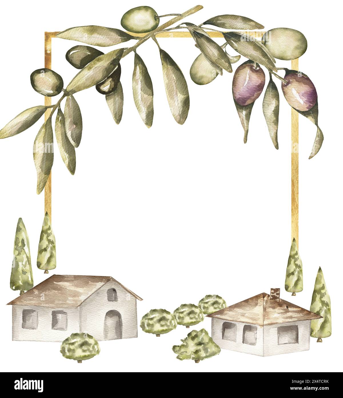 Aquarellfarben Olivenpflanzen und Dorfhäuser und Bäume Rahmen Clipart. Isolierte handgezeichnete botanische Illustration. Kann für Karten, Embleme, Logos und verwendet werden Stockfoto