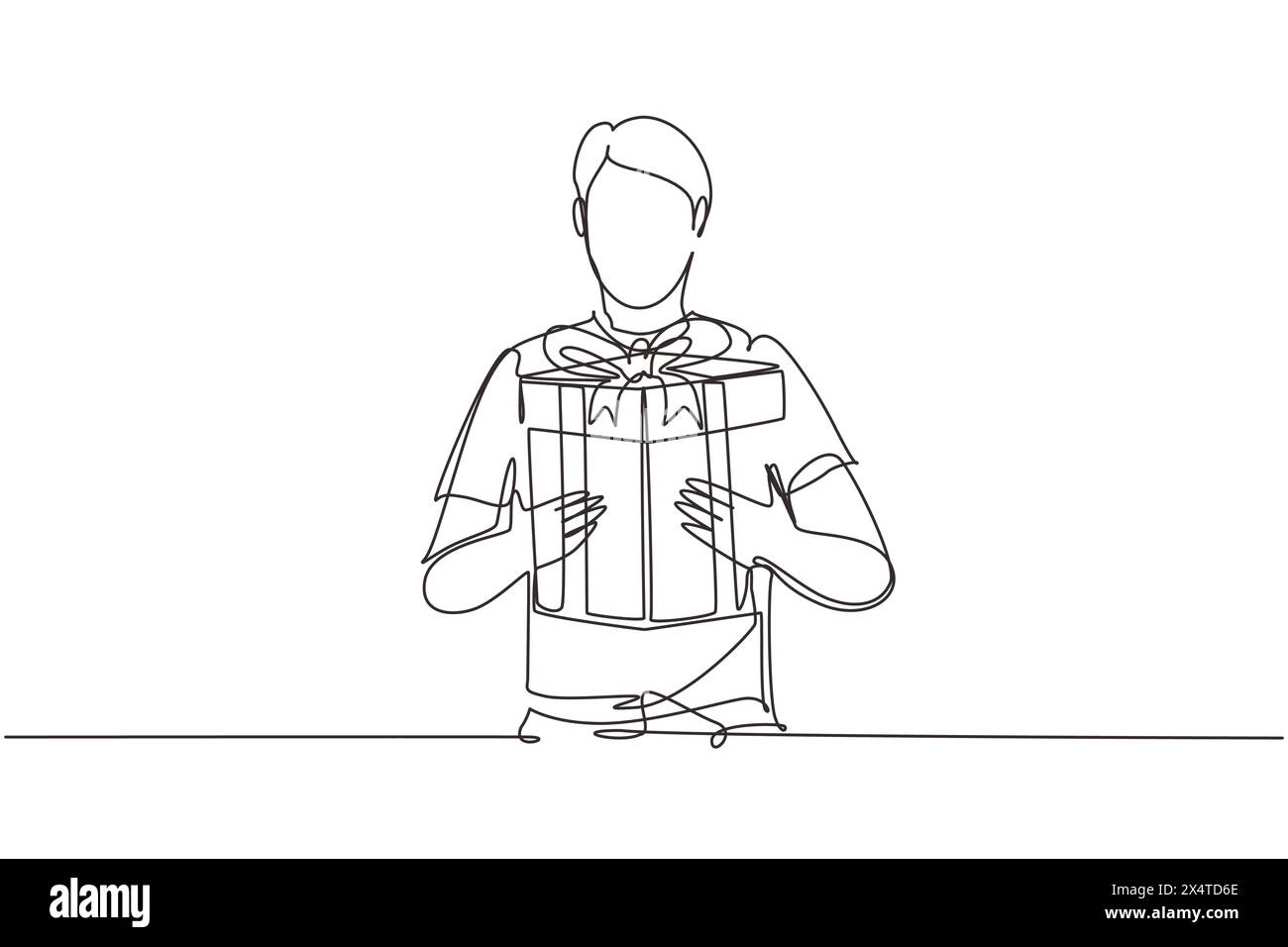 Ein einziger, durchgehender Zeichner, der eine große Schleife in den Armen hält. Junger Mann, der ein Geschenk hält. Ein Typ mit einer Geschenkbox. Geschenk für den h Stock Vektor