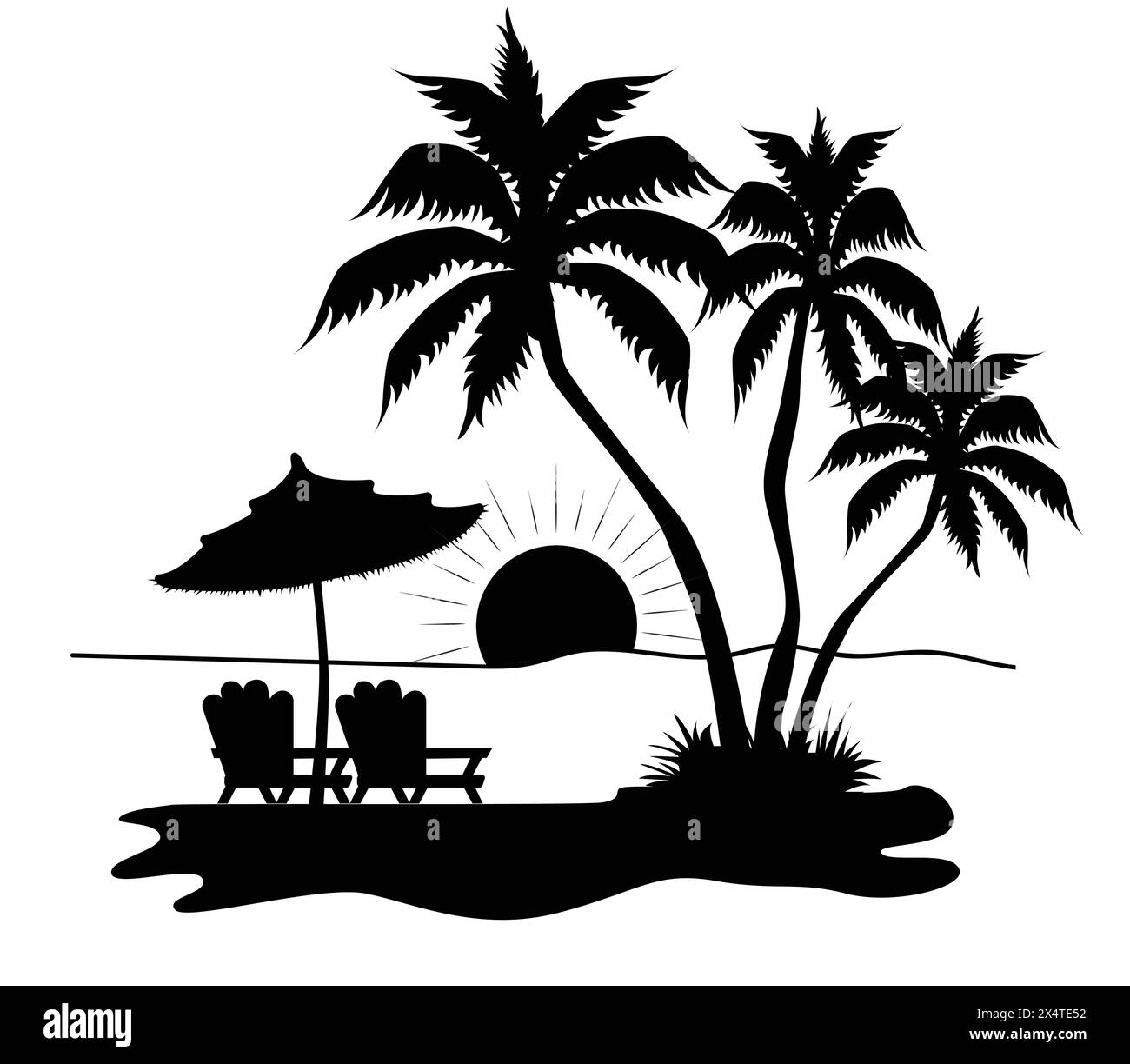 Palmen mit zwei Liegestühlen und einem Sonnenschirm mit untergehender Sonne Illustrator Stock Vektor