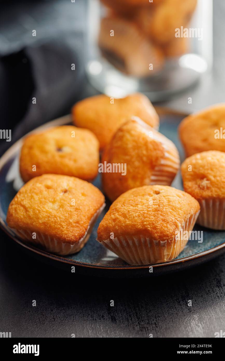 Magdalenas die typisch spanischen Muffins auf Teller auf einem schwarzen Tisch. Stockfoto