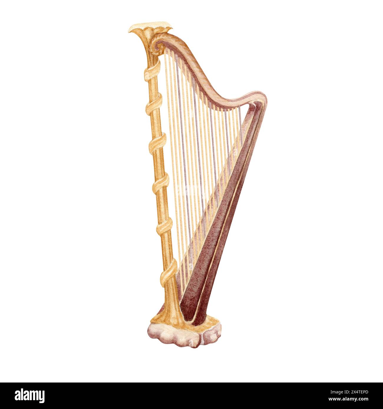 Goldene Harfe klassisches Musikinstrument. Vintage-Saitenleier. Aquarellabbildung isoliert auf weißem Hintergrund. Für Theater- und Ballettplakate Stockfoto