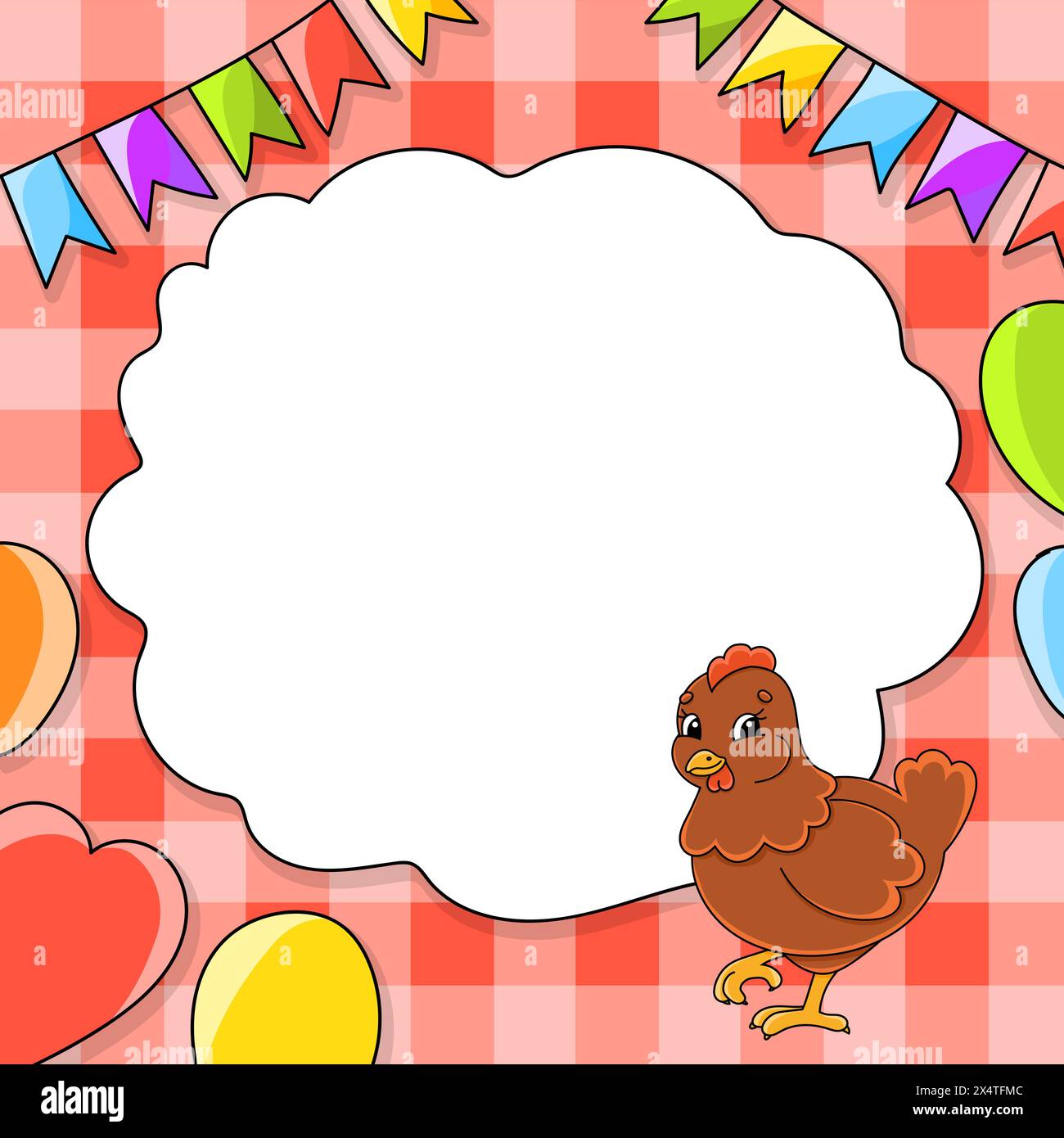 Festliches Bild mit Kopierraum für Text. Zeichentrickfigur, Ballons, Girlanden. Für die Gestaltung von Grußkarten, Geburtstagen, Aufklebern. Vektorillustrat Stock Vektor