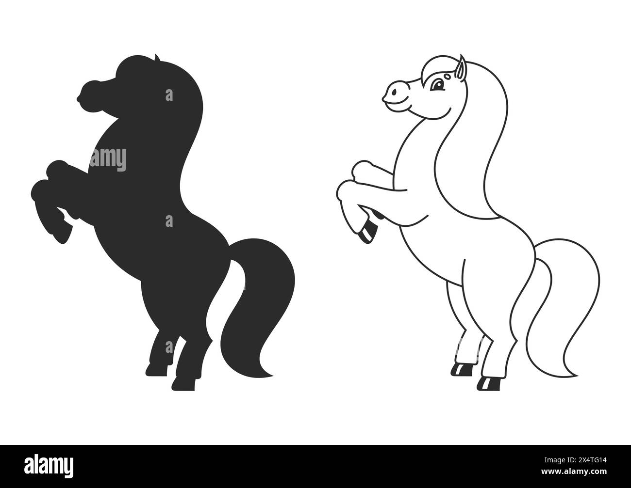 Bild für Kinder. Pferd aufgezogen. Das Nutztier steht auf seinen Hinterbeinen. Cartoon-Stil. Einfache flache Vektordarstellung. Stock Vektor