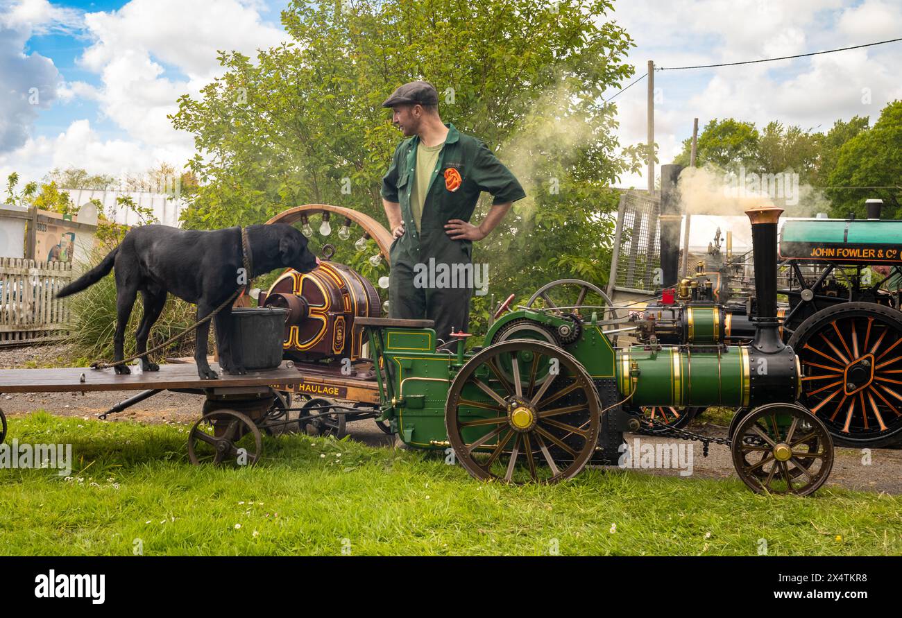 Ein dampfbegeisterter Fan mit seinem schwarzen labrador-Hund und seiner Miniatur-dampfbetriebenen Traktionsmaschine an der South Downs Steam Railway, Pulborough, West Su Stockfoto