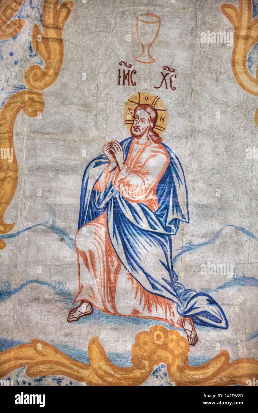 Deckenfresken (16. Jahrhundert), die Kirche von Ilijah der Prophet, Museum für Holzarchitektur, Kostroma, Oblast Irkutsk, Russland Stockfoto