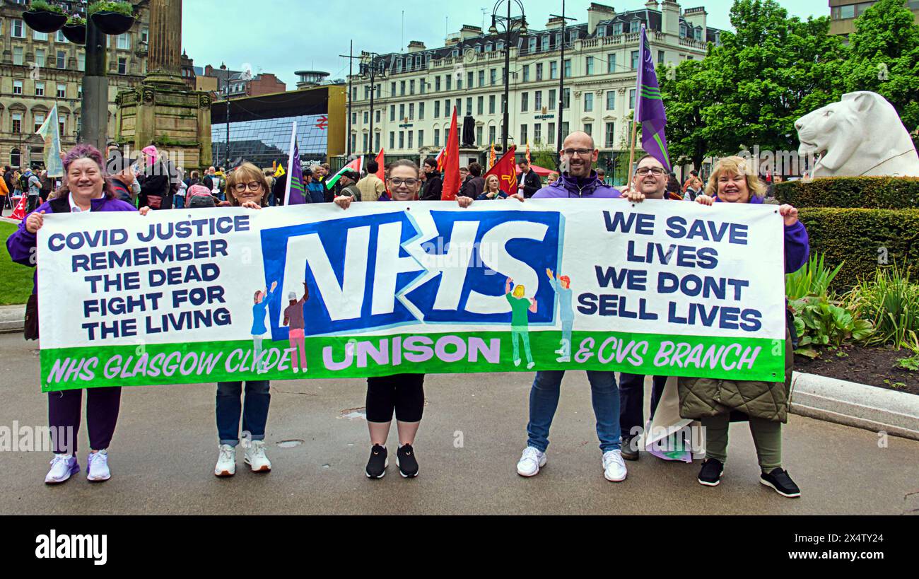 Glasgow, Schottland, Großbritannien. 5. Mai 2024: STUC May Day March, beginnend mit den Stadtkammern und dem george Square, mit ähnlichen Märschen in Edinburgh und Aberdeen. Credit Gerard Ferry /Alamy Live News Stockfoto