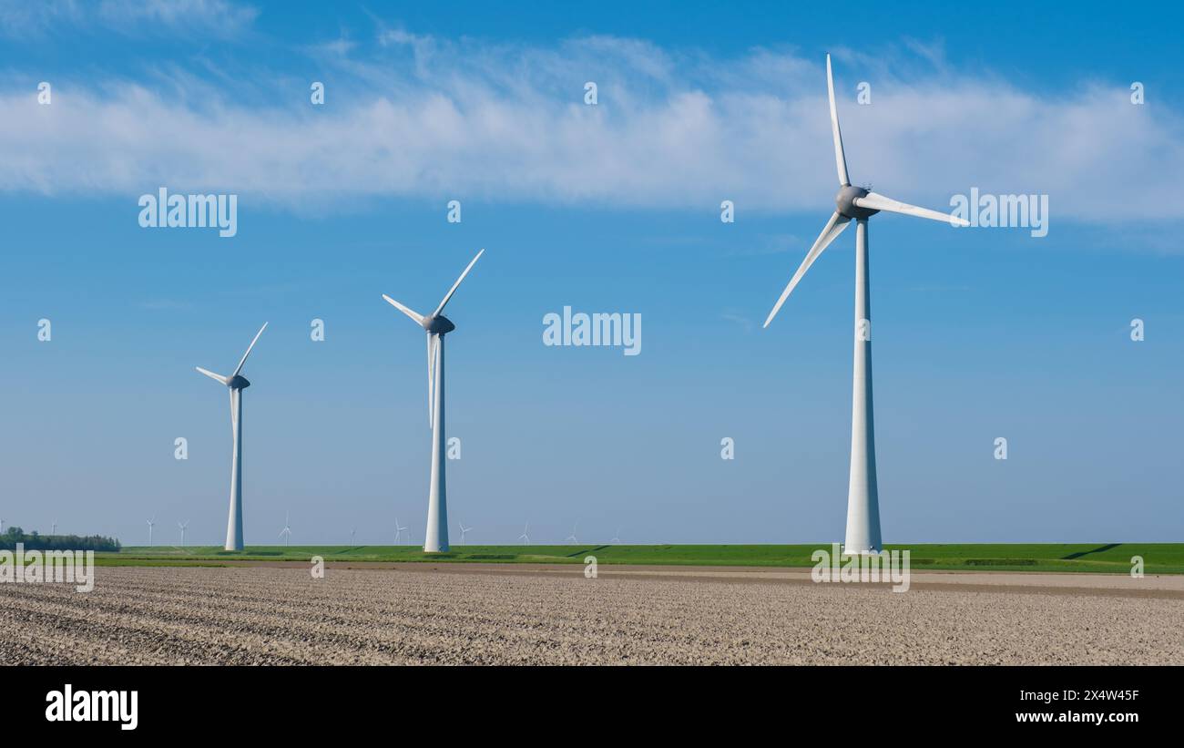 Eine Reihe schlanker Windturbinen steht auf einem riesigen Feld in Flevoland, den Niederlanden, und nutzt die Kraft der Windenergie zur Erzeugung erneuerbarer Energie. Stockfoto