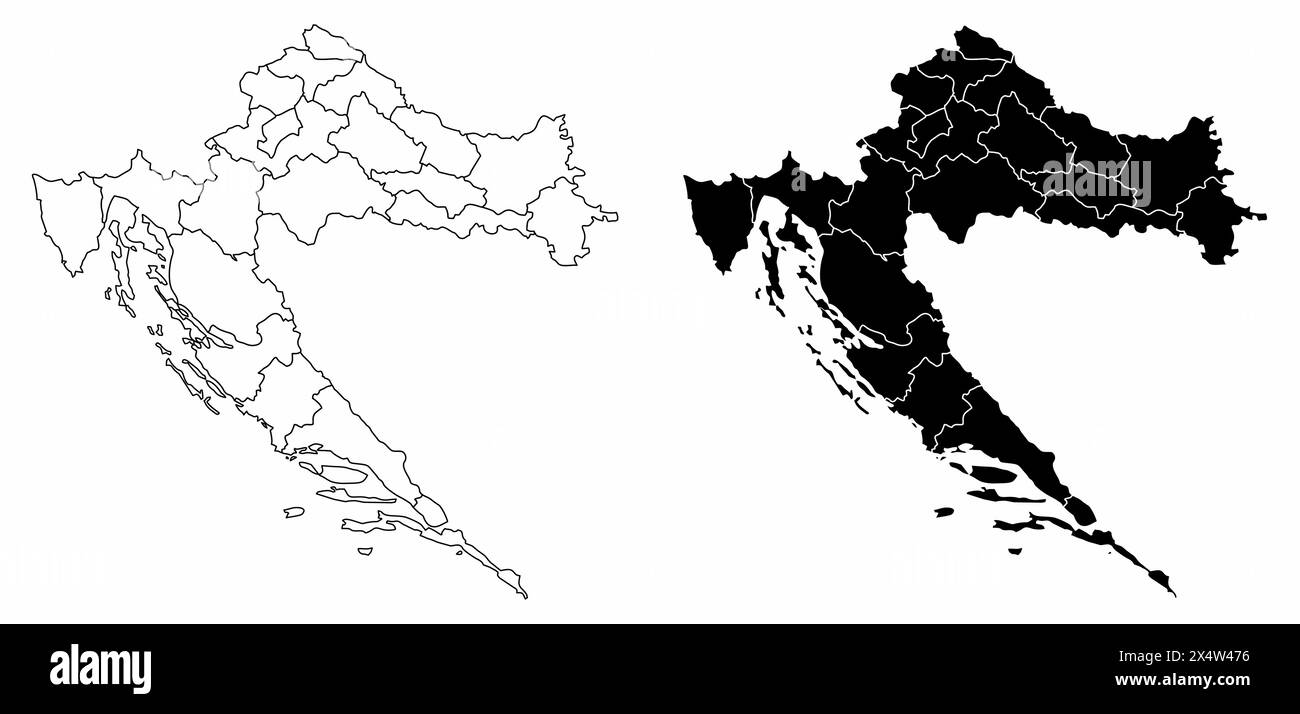 Die schwarz-weißen Verwaltungskarten Kroatiens Stock Vektor