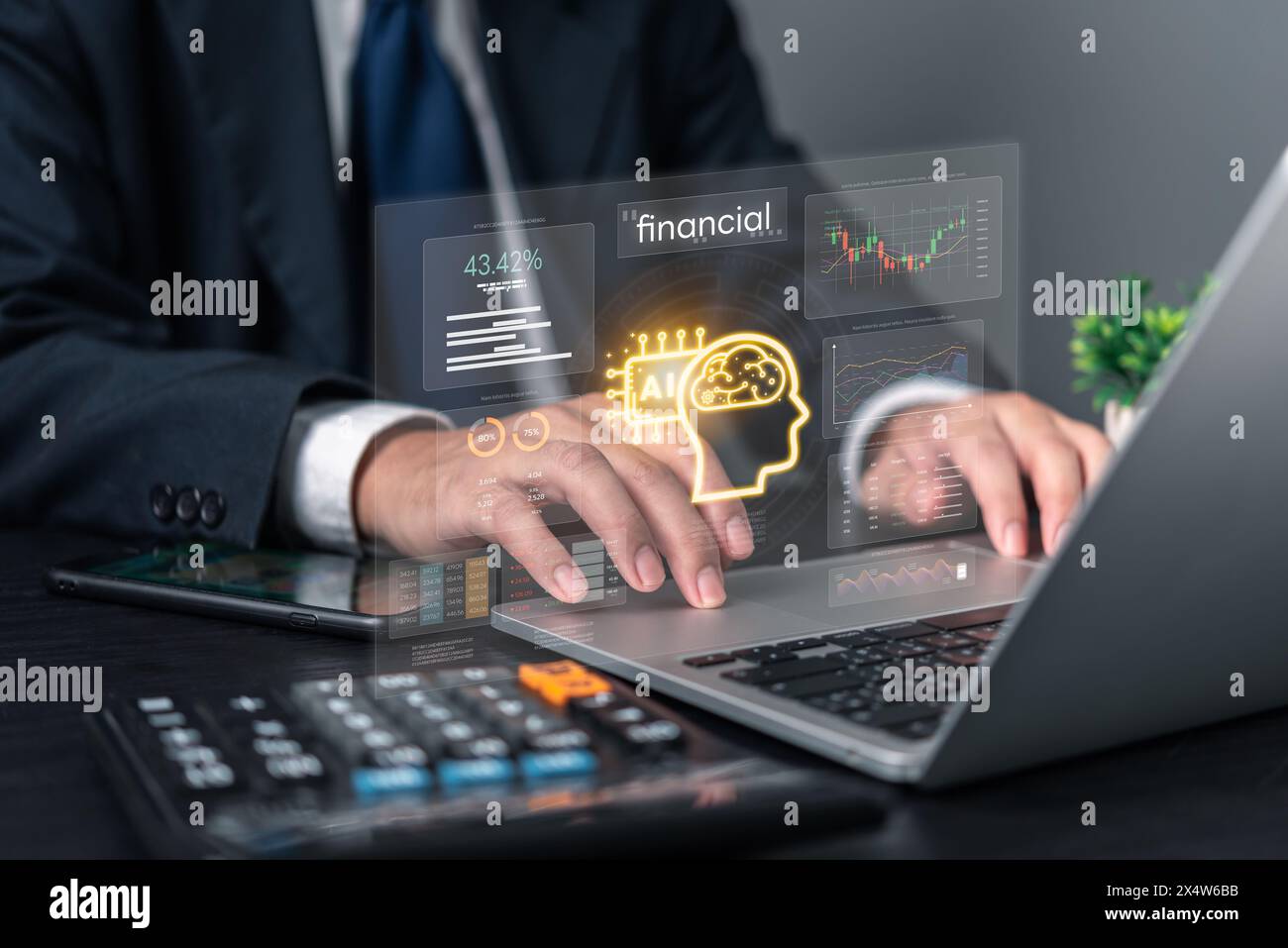 Geschäftsmann nutzt künstliche Intelligenz KI auf Laptops und analysiert Finanzstatistiken und Visualisierungen von Big Data. Bericht der Business Research-Datenbank Stockfoto