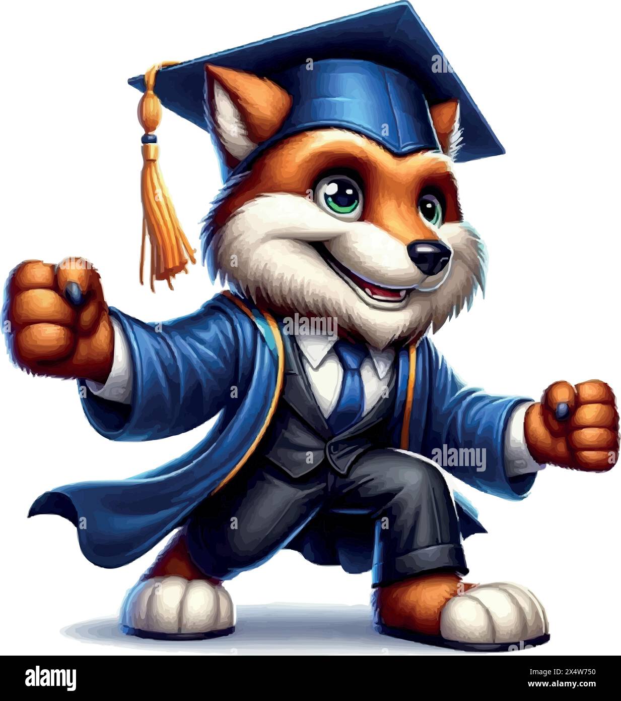 Fröhlicher aktiver Fuchs in blauem Graduierungskleid und Mütze Stock Vektor