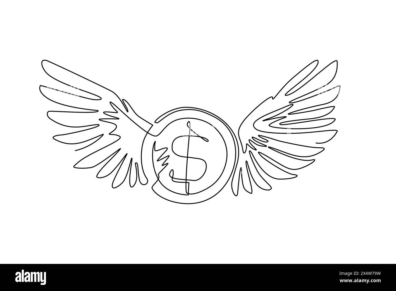 Eine einzige Linie zeichnet Münzen Dollar mit Flügeln, die in den Himmel fliegen. „Lost Money“-Konzept. Fluggeld. Piktogramm Wirtschaft, Finanzen, Geld. Modernes Kontinuum Stock Vektor