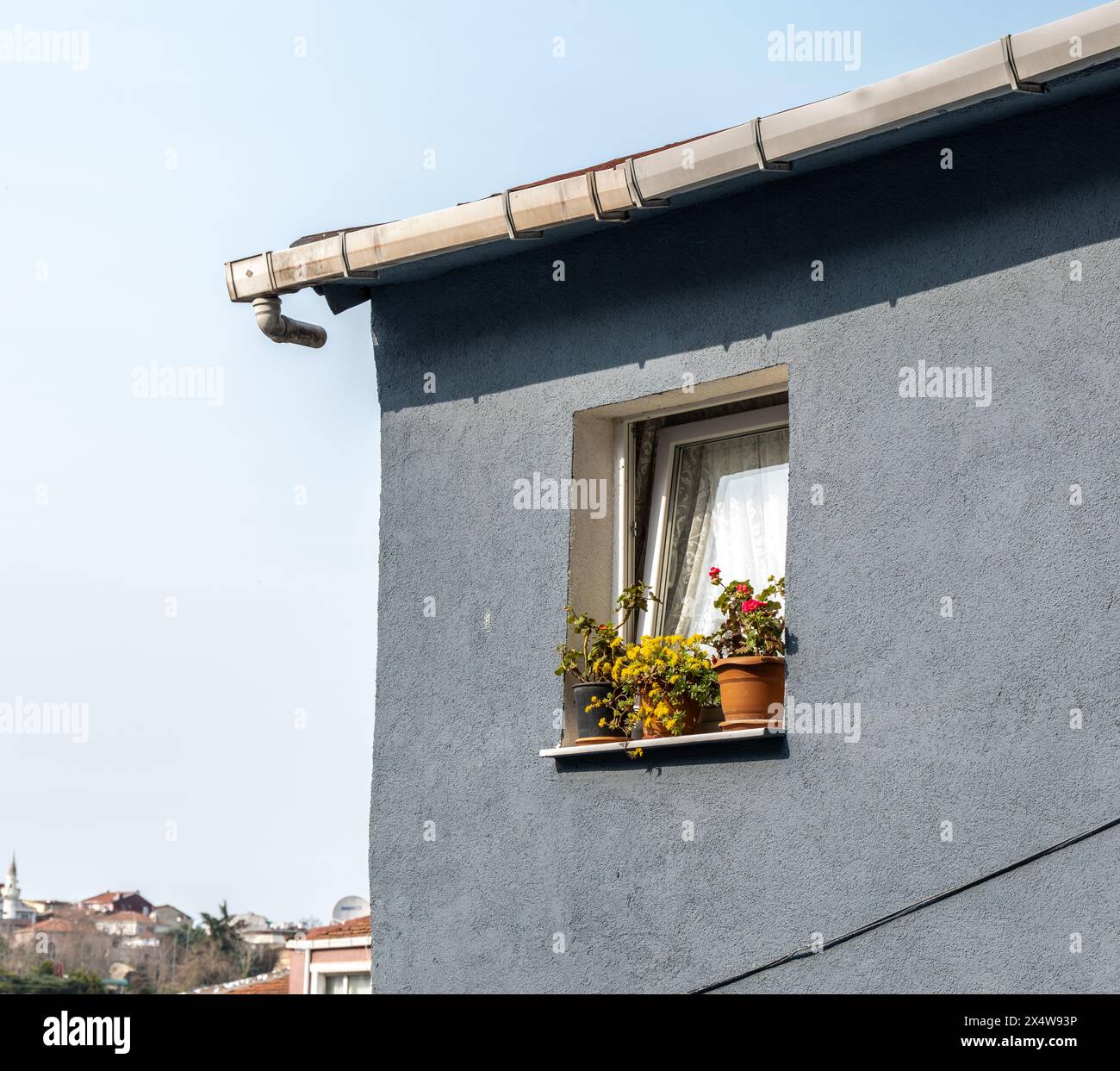 Bezaubernde Aussicht auf Blumentöpfe auf dem Balkon eines alten Istanbuler Hauses. Eine ruhige Szene mit traditioneller Architektur und friedlicher städtischer Schönheit. Stockfoto