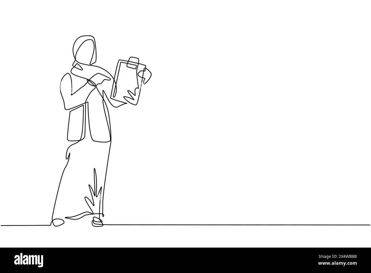 Einfache, durchgehende Zeichnungs-Büromitarbeiter, die mit Klemmbrettern stehen. Frau in formeller Kleidung. Arabische Geschäftsfrau-Zeichentrickfigur im flachen Stil. O Stock Vektor