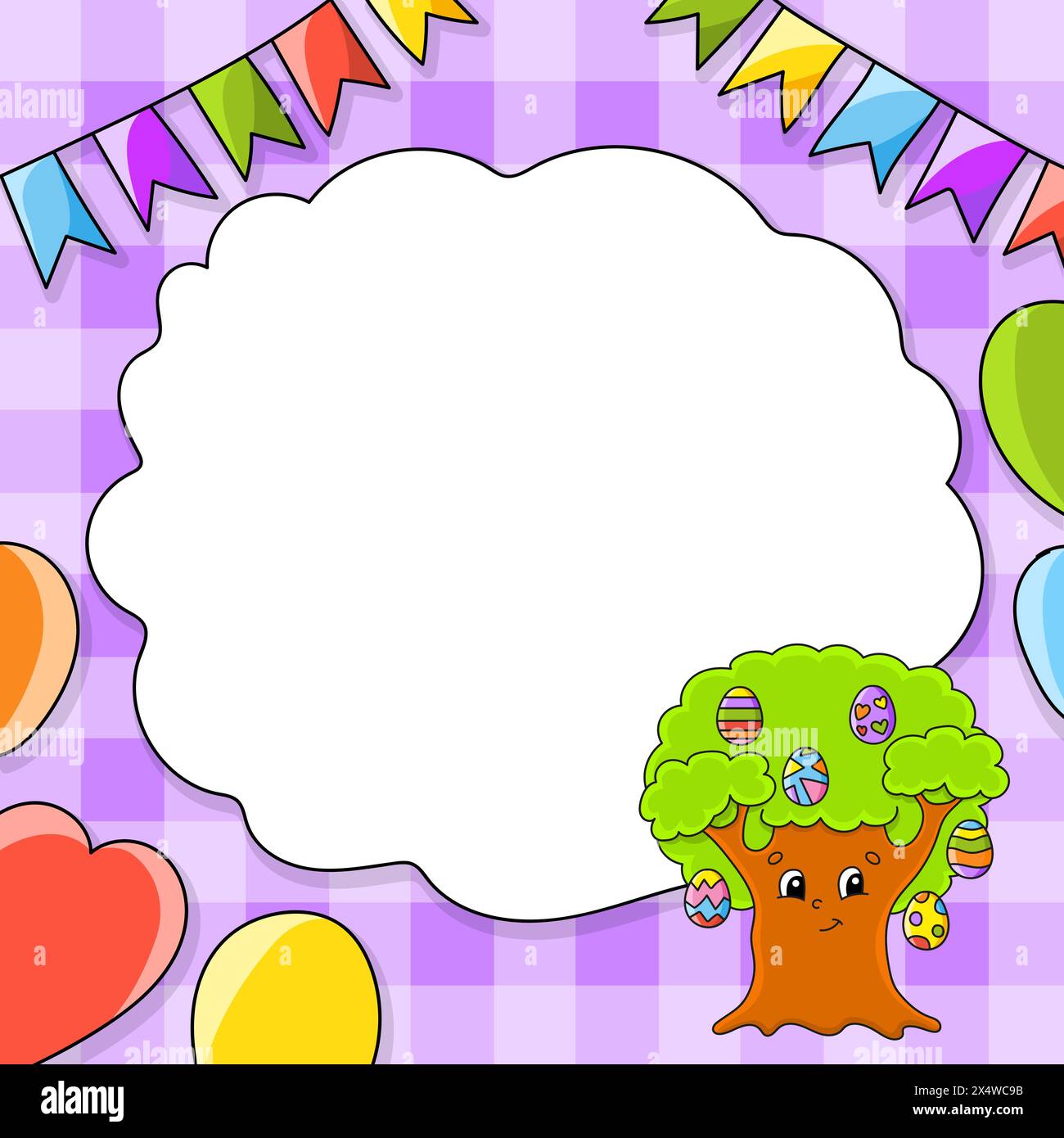 Festliches Bild mit Kopierraum für Text. Zeichentrickfigur, Ballons, Girlanden. Für die Gestaltung von Grußkarten, Geburtstagen, Aufklebern. Vektorillustrat Stock Vektor