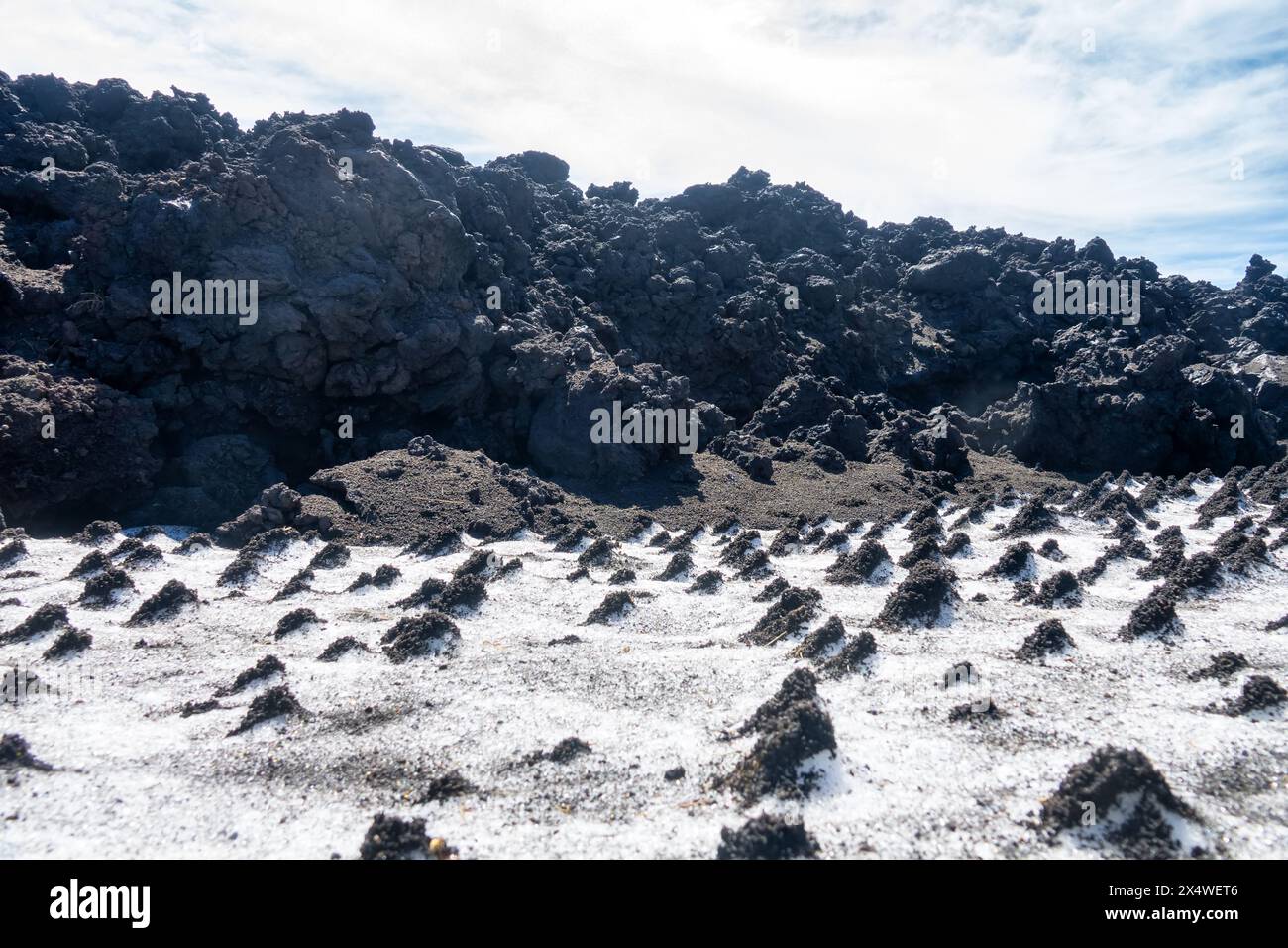 Schnee auf den Schlacken- und Lavafeldern des Vulkans. Das schmelzende, aus Schlackenhügeln heraustretende Abziehen zeigt die periodische Wirkung des Windes an. Kamtschatka Stockfoto