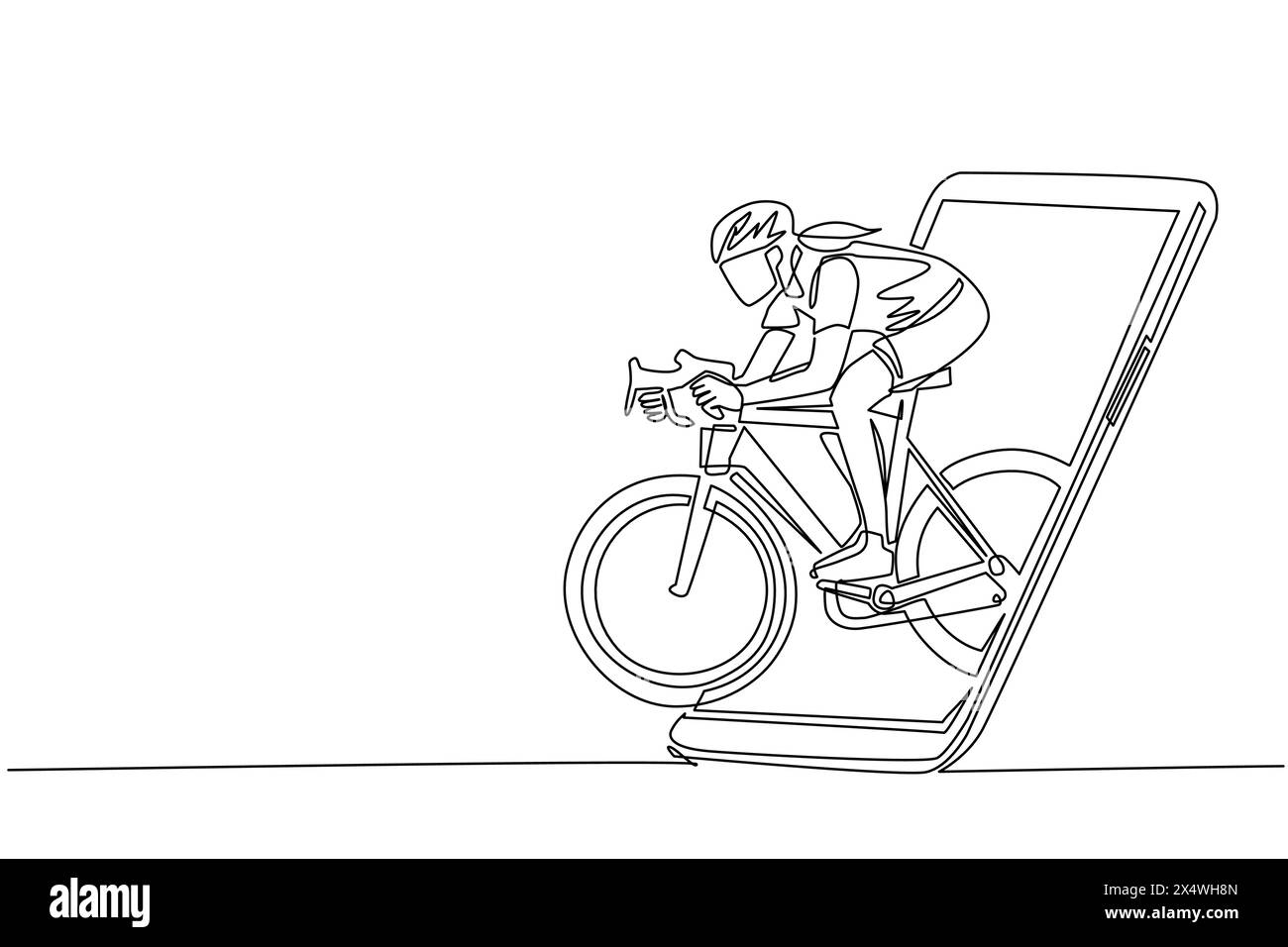 Einzelne durchgehende Linienzeichnung Frau Fahrrad Racer Focus trainieren ihre Geschwindigkeit bei der Trainingseinheit aus dem Smartphone-Bildschirm. Mobile Sportarten spielen matc Stock Vektor