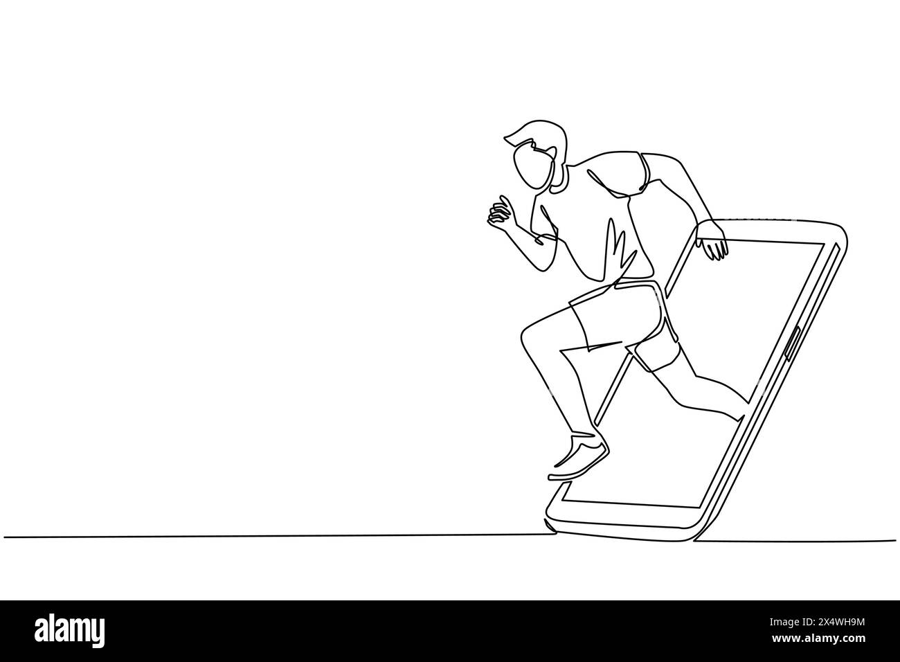 Eine einzelne Linie zeichnet den Läufer fokussiert, um schnell auf der Strecke zu laufen und den Bildschirm des Smartphones zu verlassen. Mobile Sportarten spielen Spiele. Online-Run-Spiel mit Live Stock Vektor