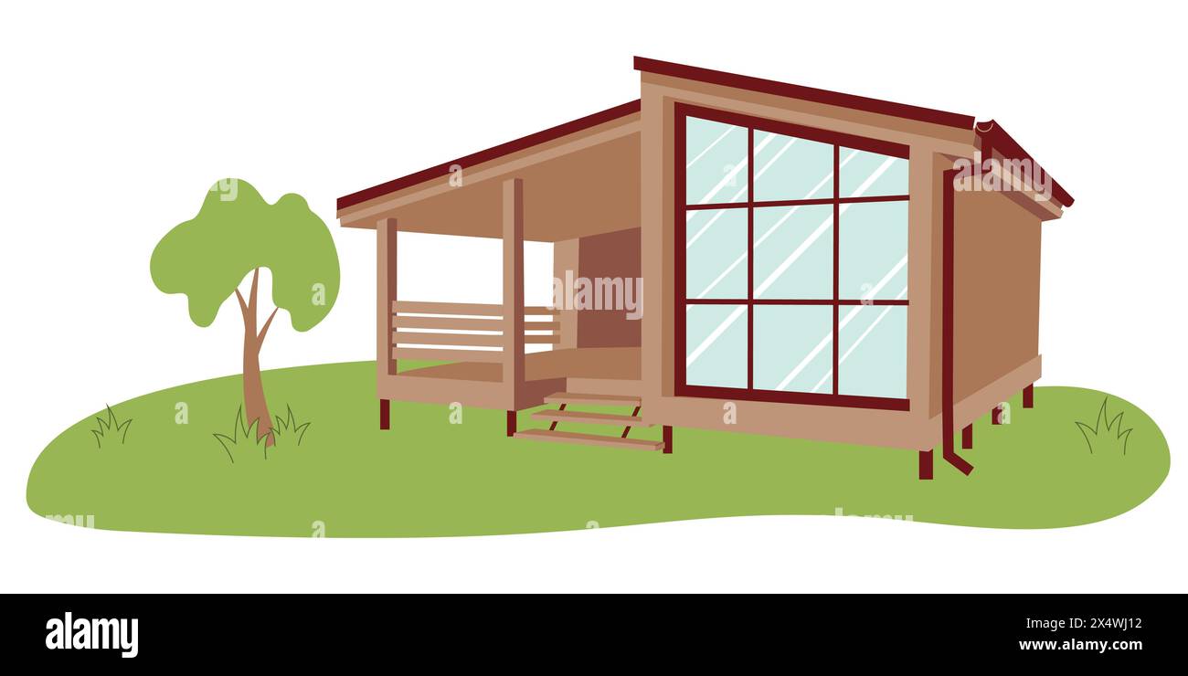 Modulares Zuhause. Hölzernes, umweltfreundliches modulares Haus. Neues modulares Gehäusekonzept. Modulare Wohnraumgestaltung Stock Vektor
