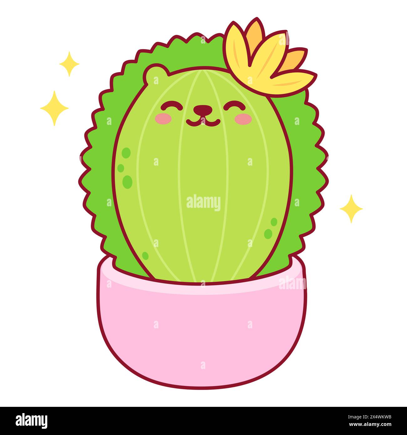 Niedliche Zeichentrickfilm-Igel-Kaktus-Charakterzeichnung. Kawaii Topf Pflanze Vektor Illustration. Stock Vektor