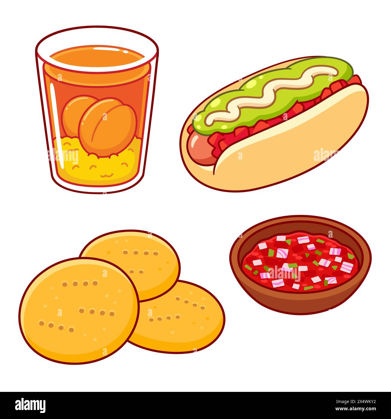 Traditionelles chilenisches Street Food. Completo Hot Dog, Mote con huesillo (Pfirsichgetränk), Sopaipillas con pebre. Zeichentrickzeichnung, isolierte Vektorillustraten Stock Vektor