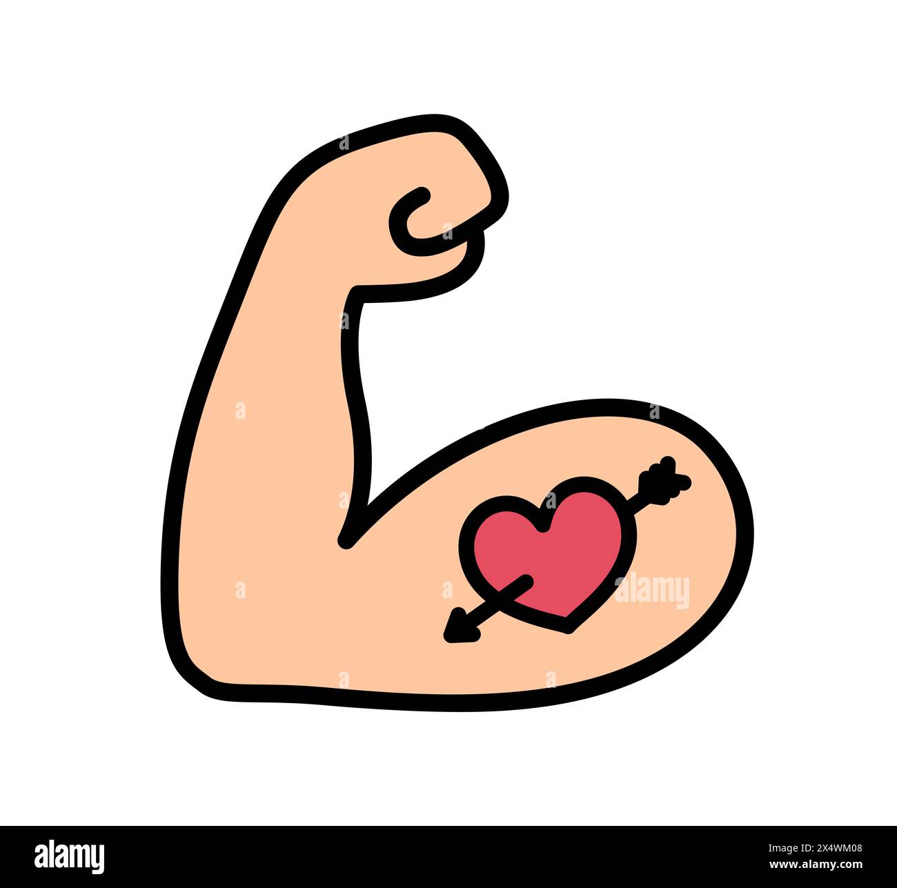 Flexibles tätowiertes Bizeps-Emoji-Symbol. Kräftiger Muskelarm mit Herz- und Pfeiltattoo, Zeichentricklinie-Symbol. Vektor Hand gezeichnete Kritzelillustration. Stock Vektor