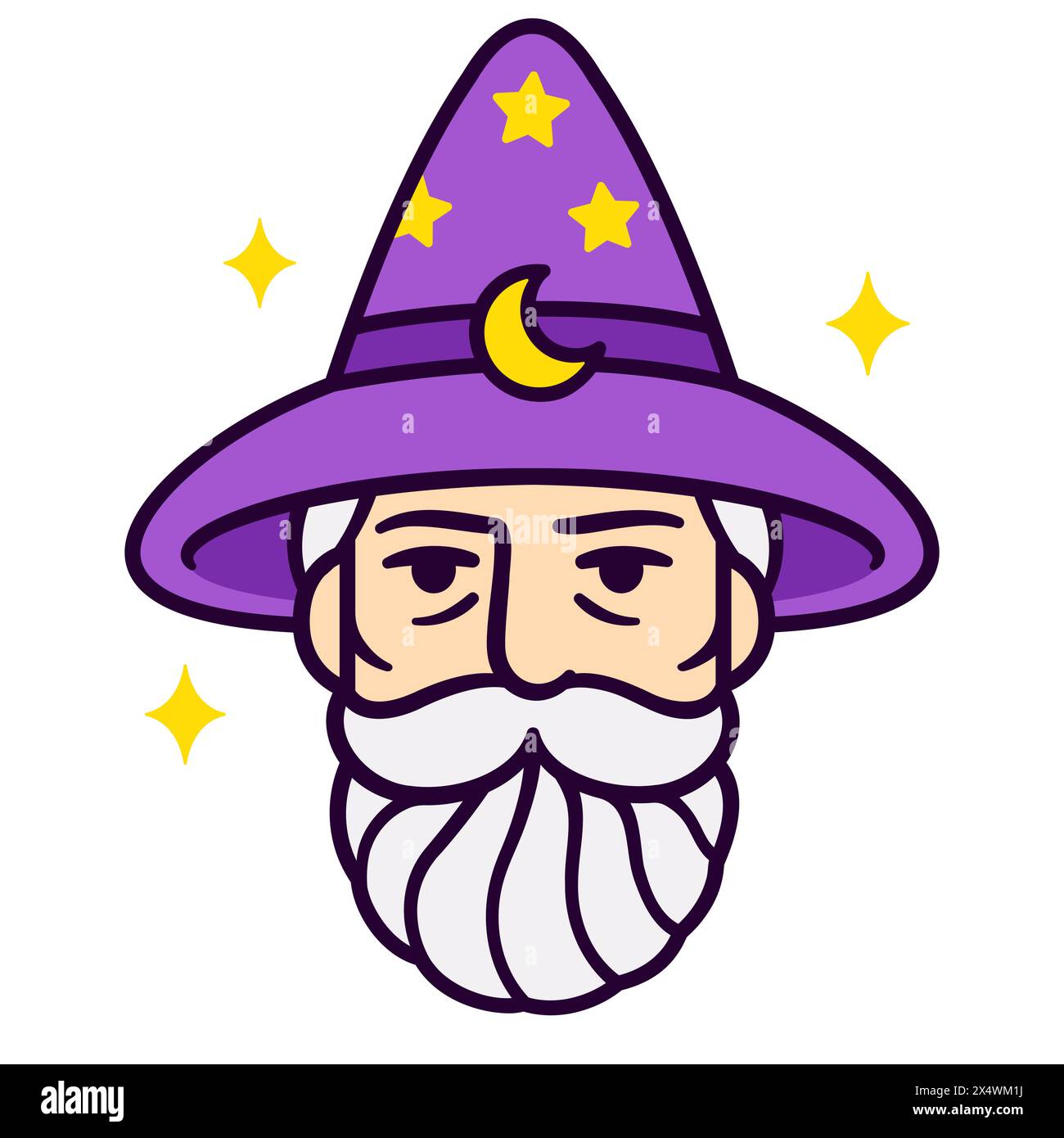 Altes Magierporträt mit grauem Bart und magischem Hut. Fantasy-Magier-Charakter-Kopf-Logo, Vektor-Clip-Kunst-Illustration. Stock Vektor
